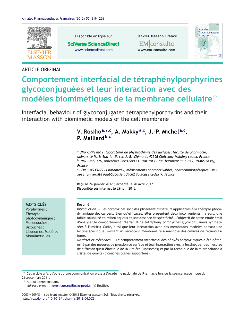 Comportement interfacial de tétraphénylporphyrines glycoconjuguées et leur interaction avec des modÃ¨les biomimétiques de la membrane cellulaire