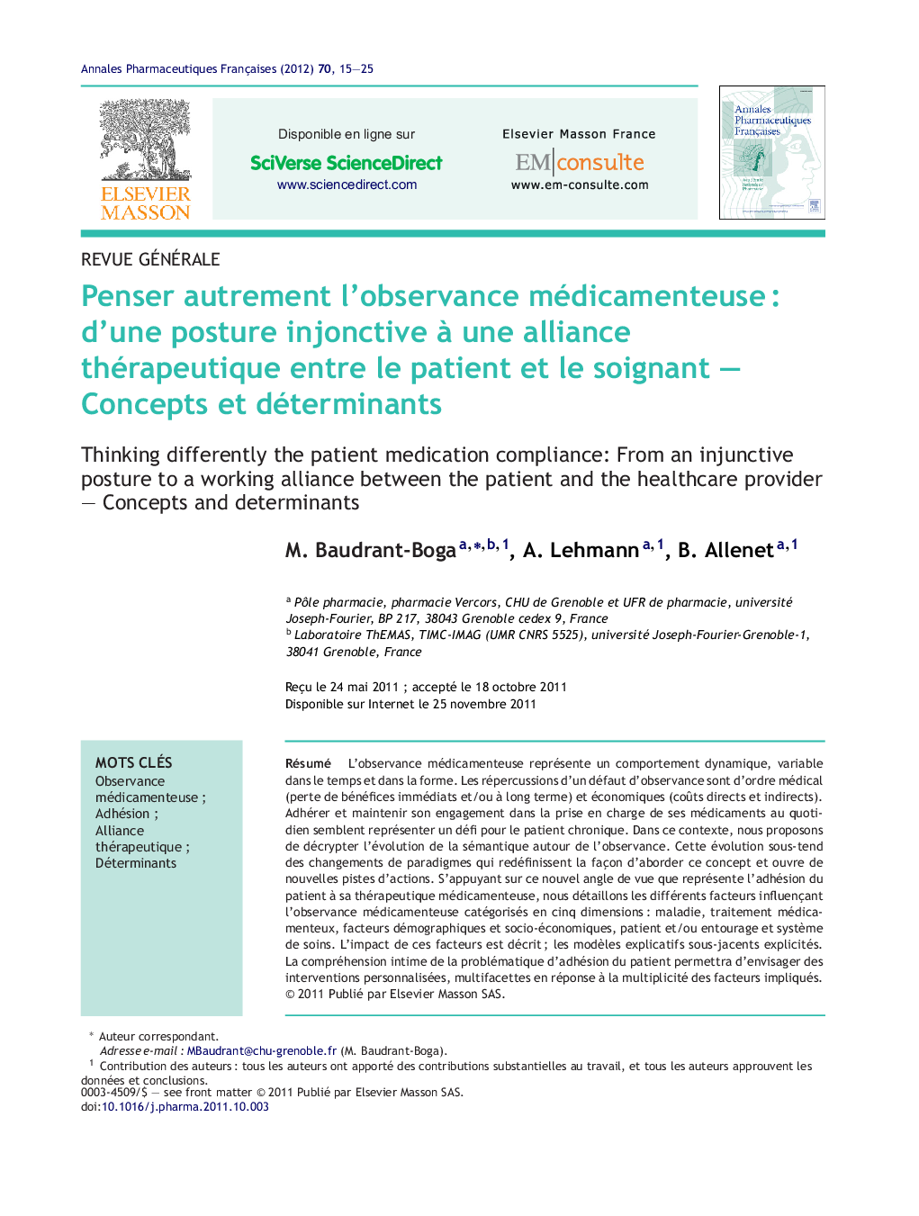 عکس صفحه اول مقاله: Penser autrement l'observance médicamenteuse : d'une posture injonctive à une alliance thérapeutique entre le patient et le soignant - Concepts et déterminants Penser autrement l'observance médicamenteuse : d'une posture injonctive à une alliance thérapeutique entre le patient et le soignant - Concepts et déterminants