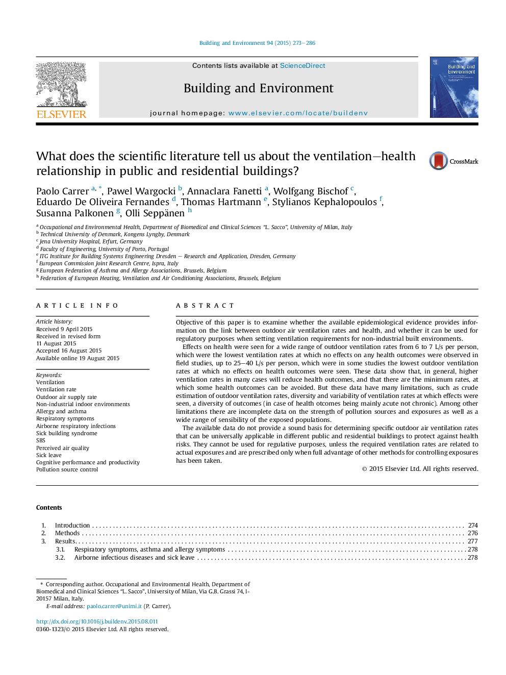 What does the scientific literature tell us about the ventilation–health relationship in public and residential buildings?