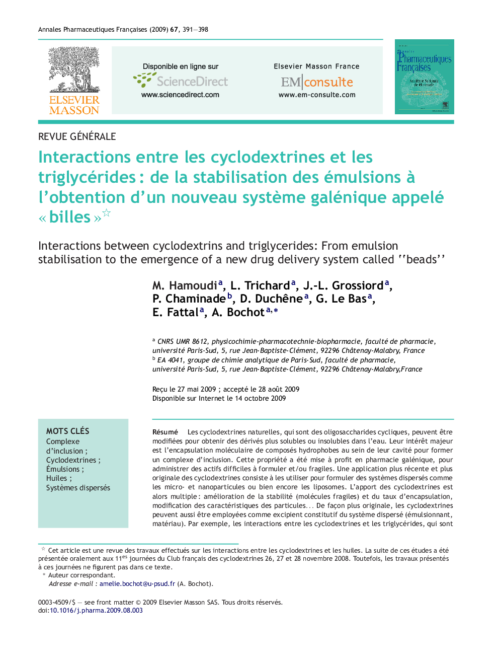 Interactions entre les cyclodextrines et les triglycéridesÂ : de la stabilisation des émulsions Ã  l'obtention d'un nouveau systÃ¨me galénique appelé Â«Â billesÂ Â»