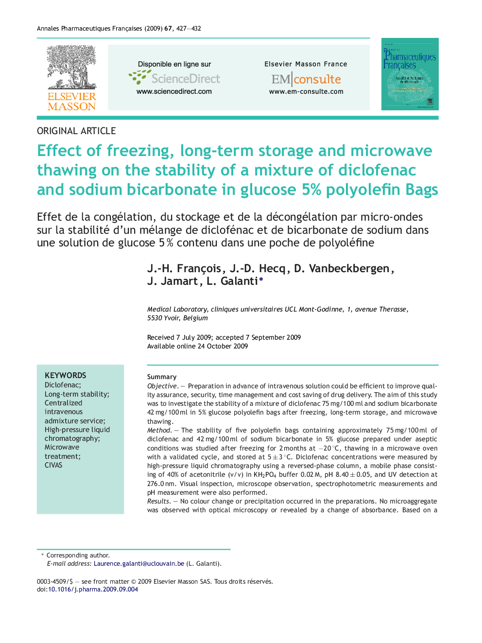 Effect of freezing, long-term storage and microwave thawing on the stability of a mixture of diclofenac and sodium bicarbonate in glucose 5% polyolefin Bags