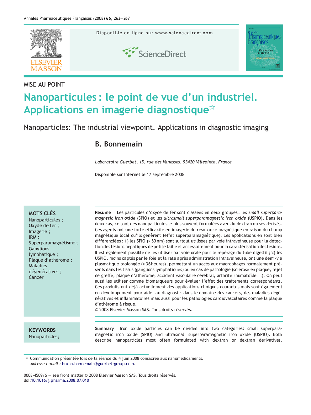 NanoparticulesÂ : le point de vue d'un industriel. Applications en imagerie diagnostique