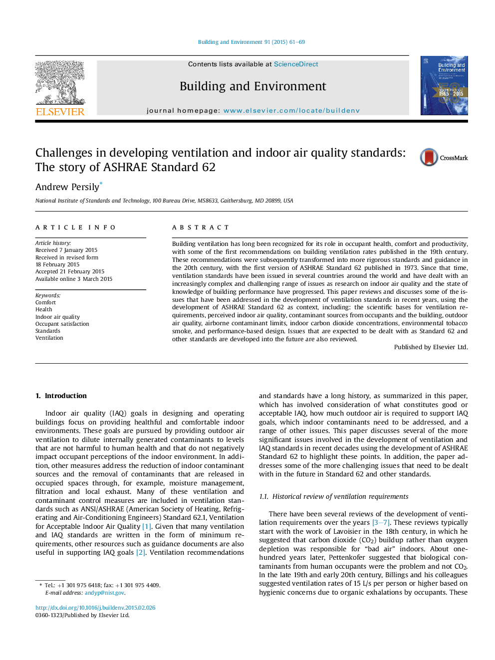 Challenges in developing ventilation and indoor air quality standards: The story of ASHRAE Standard 62