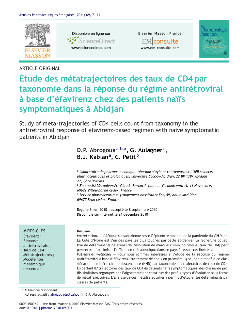 Ãtude des métatrajectoires des taux de CD4Â par taxonomie dans la réponse du régime antirétroviral Ã  base d'éfavirenz chez des patients naïfs symptomatiques Ã  Abidjan