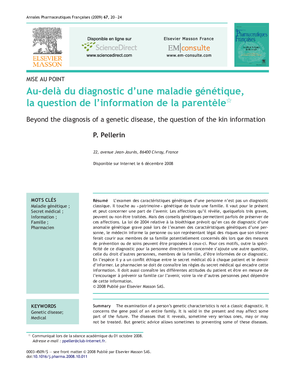 Au-delÃ  du diagnostic d'une maladie génétique, la question de l'information de la parentÃ¨le