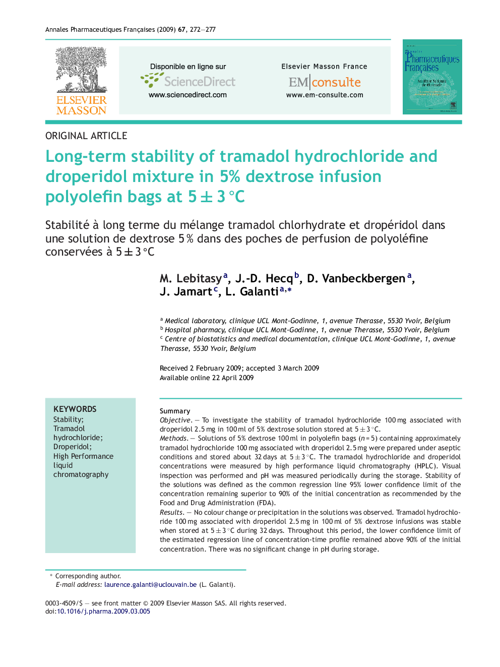 Long-term stability of tramadol hydrochloride and droperidol mixture in 5% dextrose infusion polyolefin bags at 5Â Â±Â 3Â Â°C