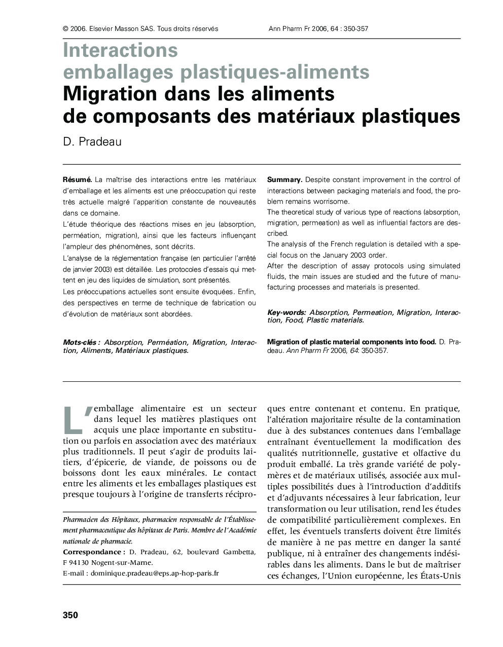 Migration dans les aliments de composants des matériaux plastiques