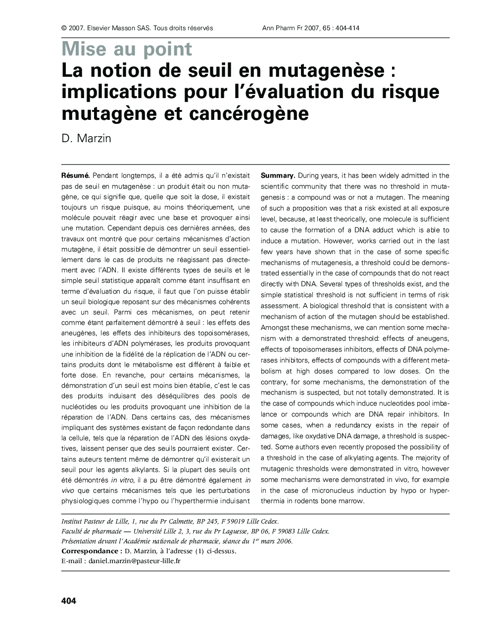 La notion de seuil en mutagenÃ¨se : implications pour l'évaluation du risque mutagÃ¨ne et cancérogÃ¨ne