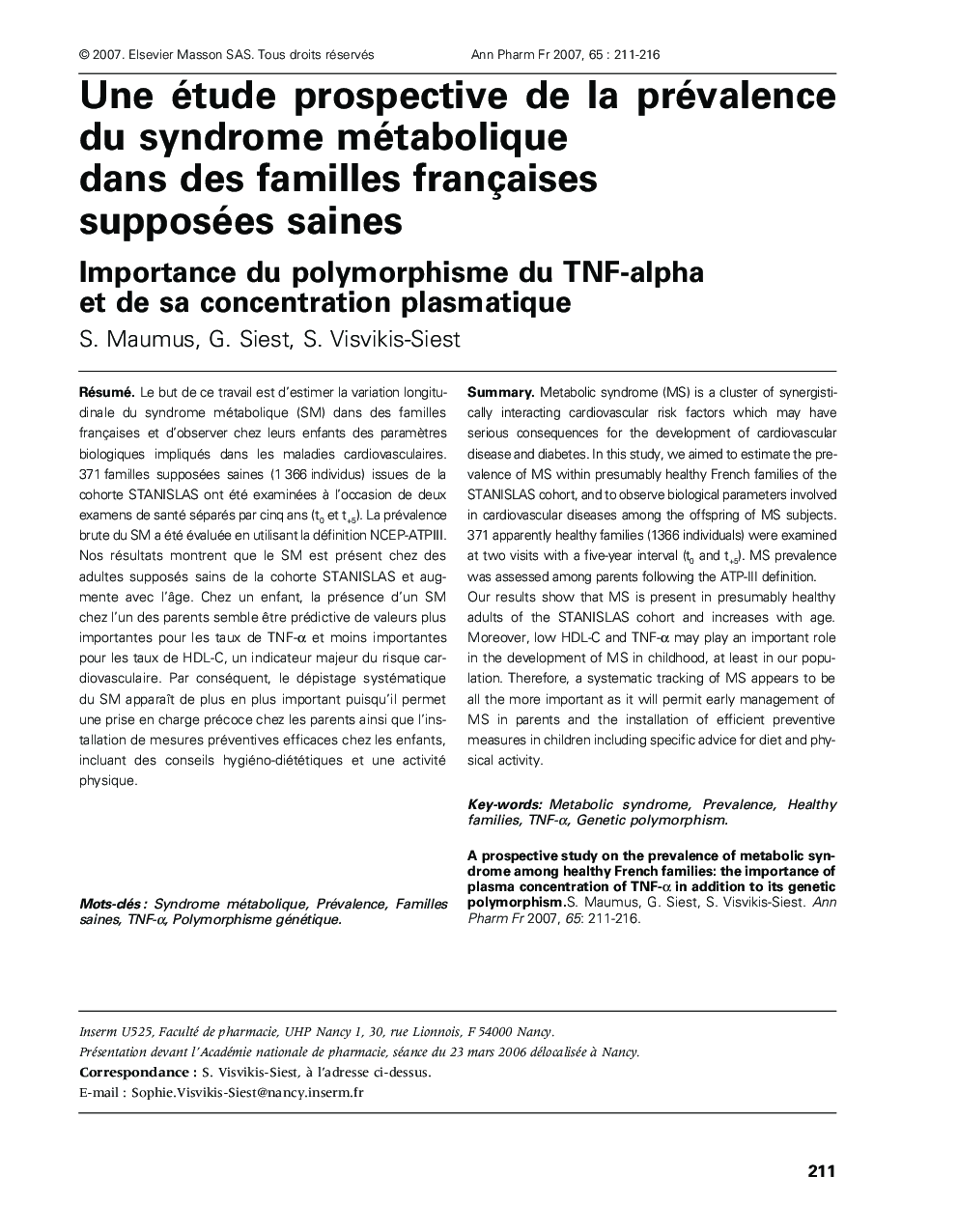 Une étude prospective de la prévalence du syndrome métabolique dans des familles françaises supposées saines