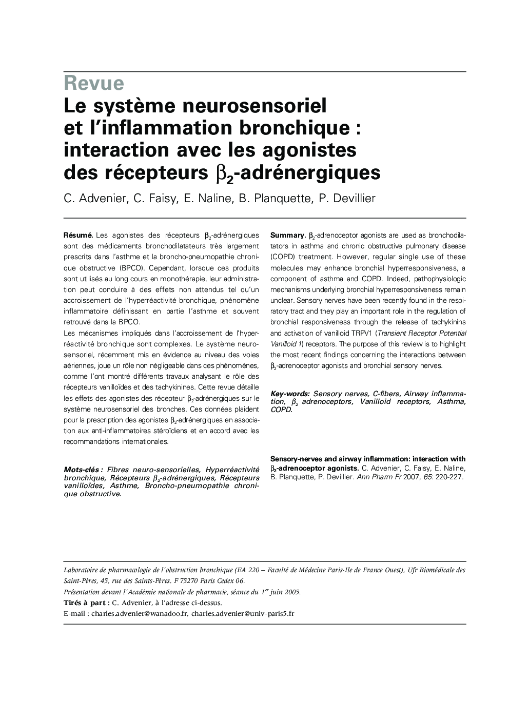 Le systÃ¨me neurosensoriel et l'inflammation bronchique : interaction avec les agonistes des récepteurs Î²2-adrénergiques