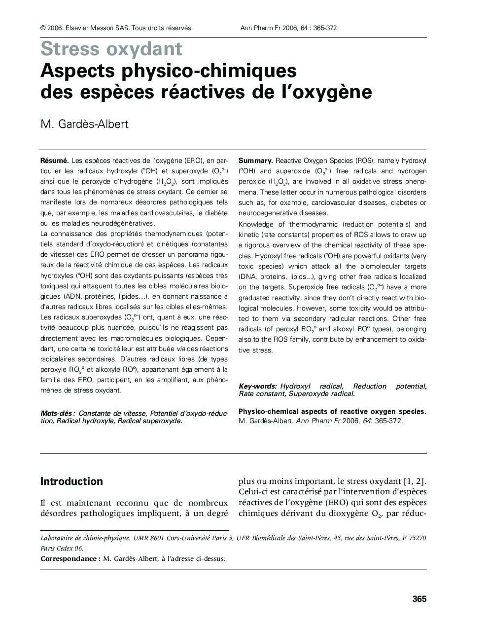 عکس صفحه اول مقاله: Aspects physico-chimiques des espèces réactives de l'oxygène Aspects physico-chimiques des espèces réactives de l'oxygène