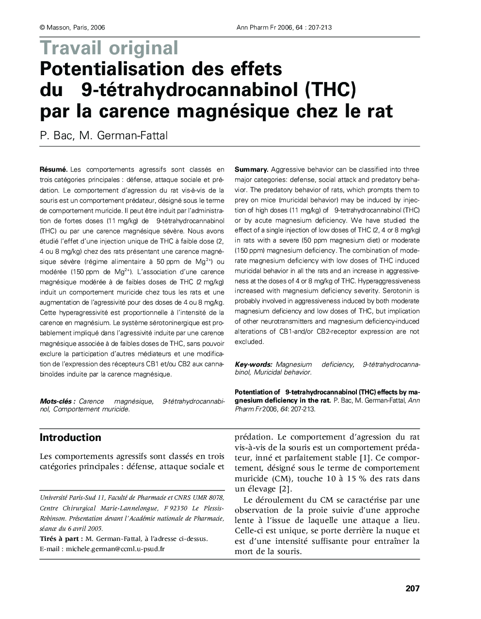 Potentialisation des effets du Î9-tétrahydrocannabinol (THC) par la carence magnésique chez le rat