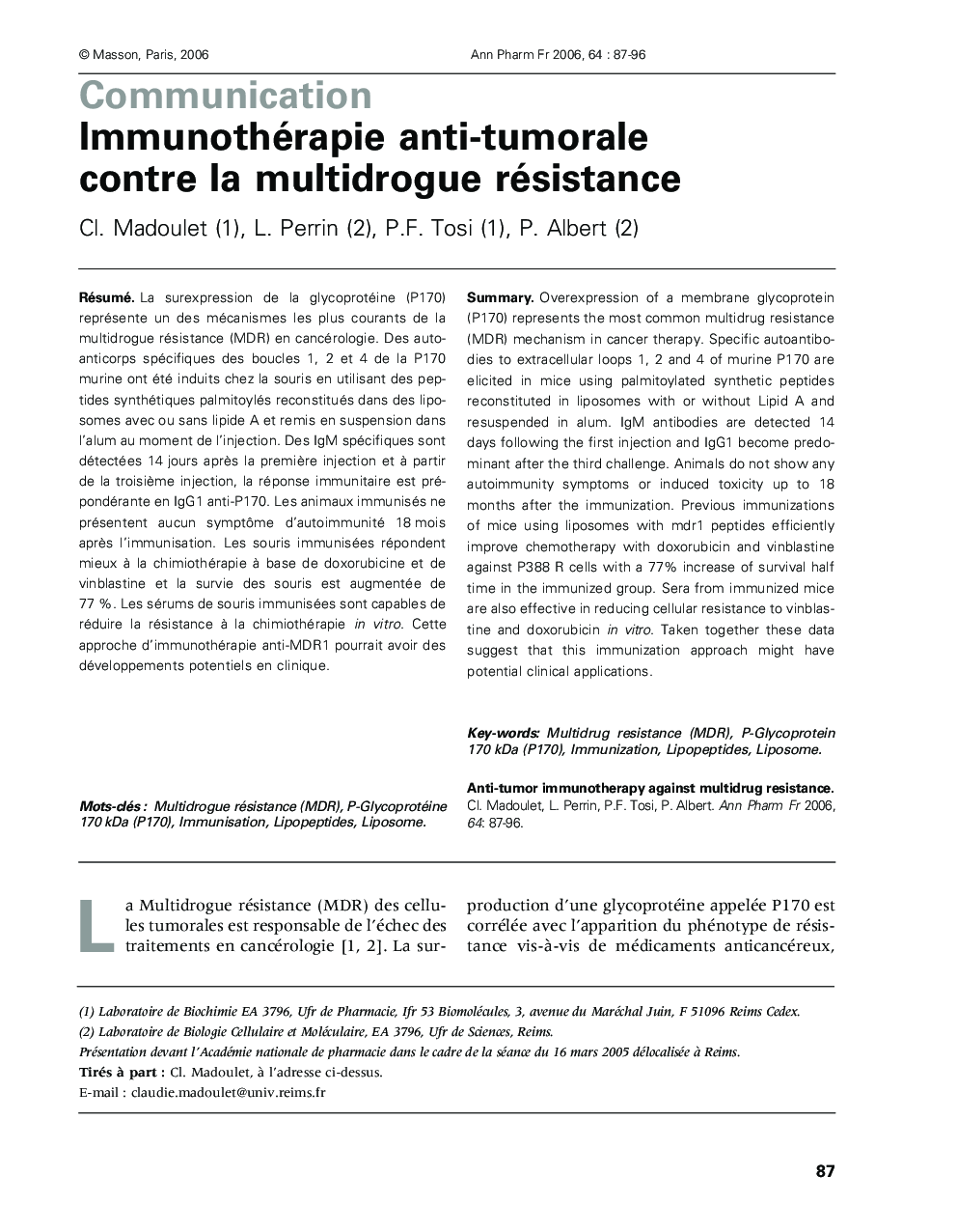 Immunothérapie anti-tumorale contre la multidrogue résistance