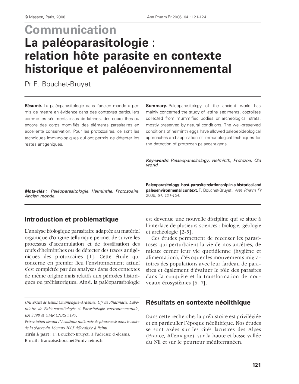 La paléoparasitologie : relation hÃ´te parasite en contexte historique et paléoenvironnemental