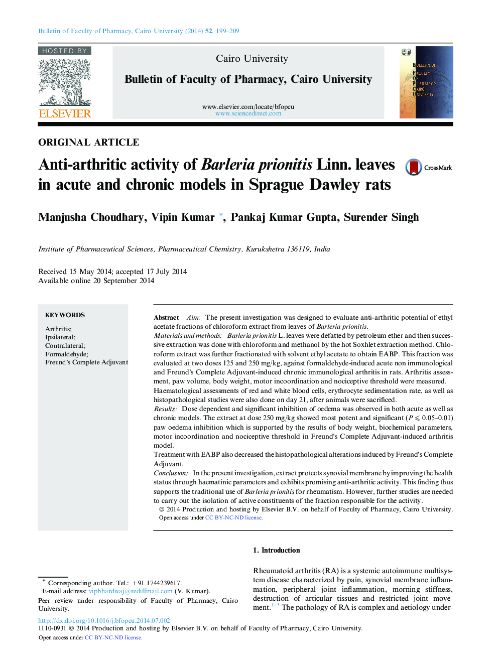 Anti-arthritic activity of Barleria prionitis Linn. leaves in acute and chronic models in Sprague Dawley rats 