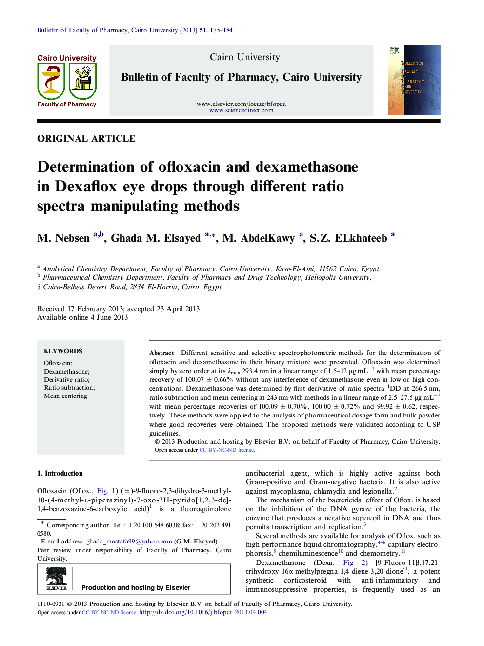 Determination of ofloxacin and dexamethasone in Dexaflox eye drops through different ratio spectra manipulating methods 