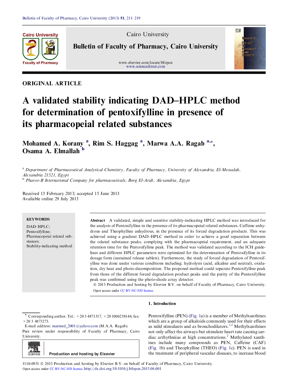 A validated stability indicating DAD–HPLC method for determination of pentoxifylline in presence of its pharmacopeial related substances 