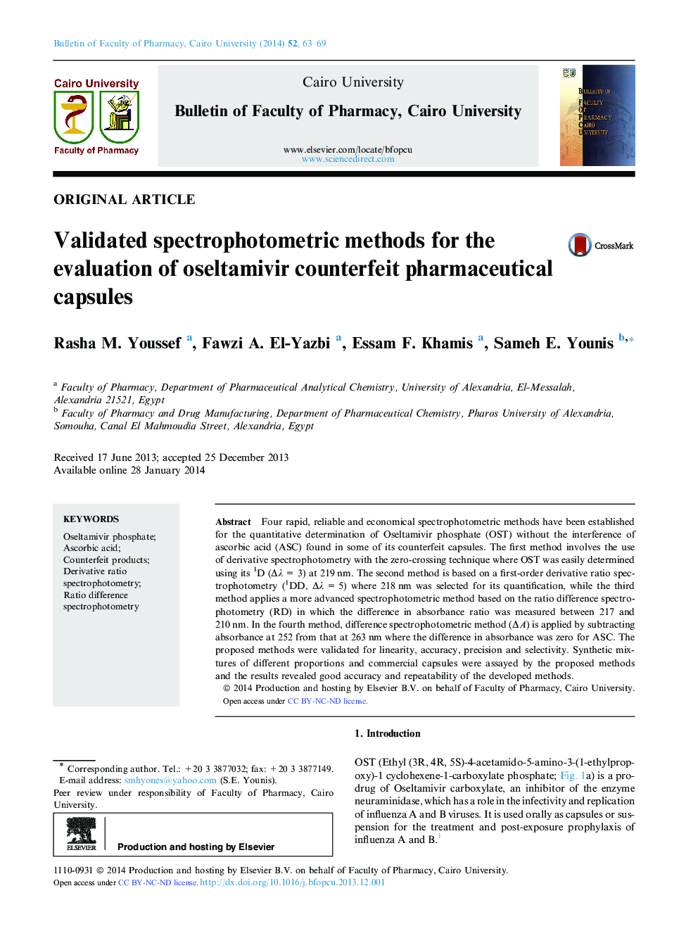 Validated spectrophotometric methods for the evaluation of Oseltamivir counterfeit pharmaceutical capsules 