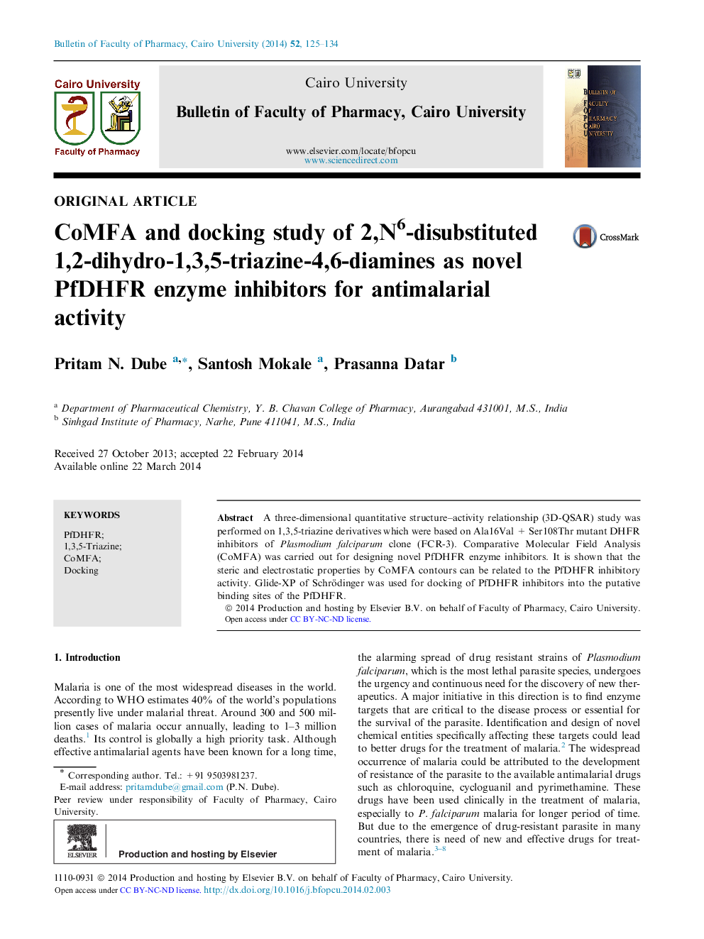 CoMFA and docking study of 2,N6-disubstituted 1,2-dihydro-1,3,5-triazine-4,6-diamines as novel PfDHFR enzyme inhibitors for antimalarial activity 