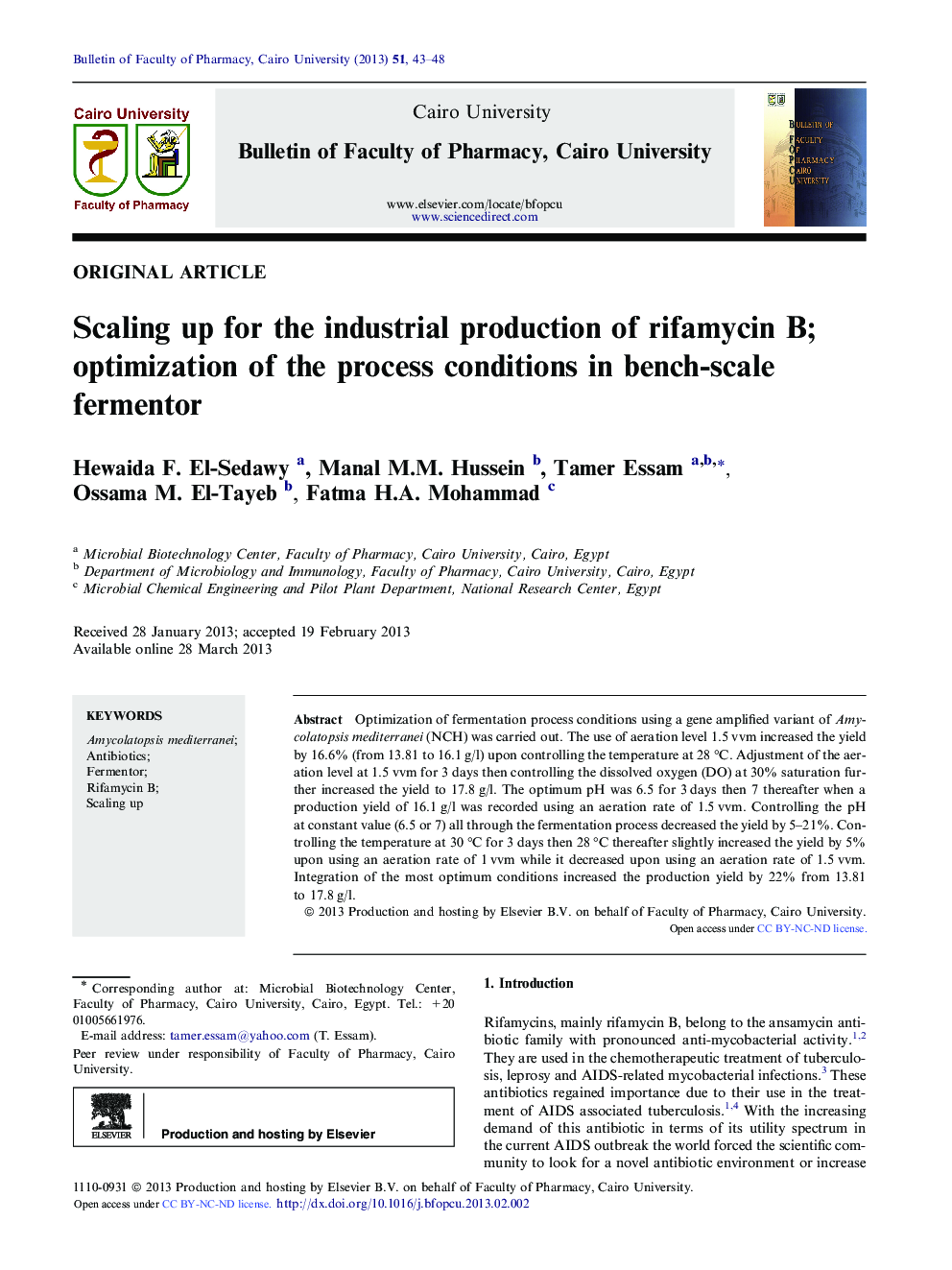 Scaling up for the industrial production of rifamycin B; optimization of the process conditions in bench-scale fermentor 