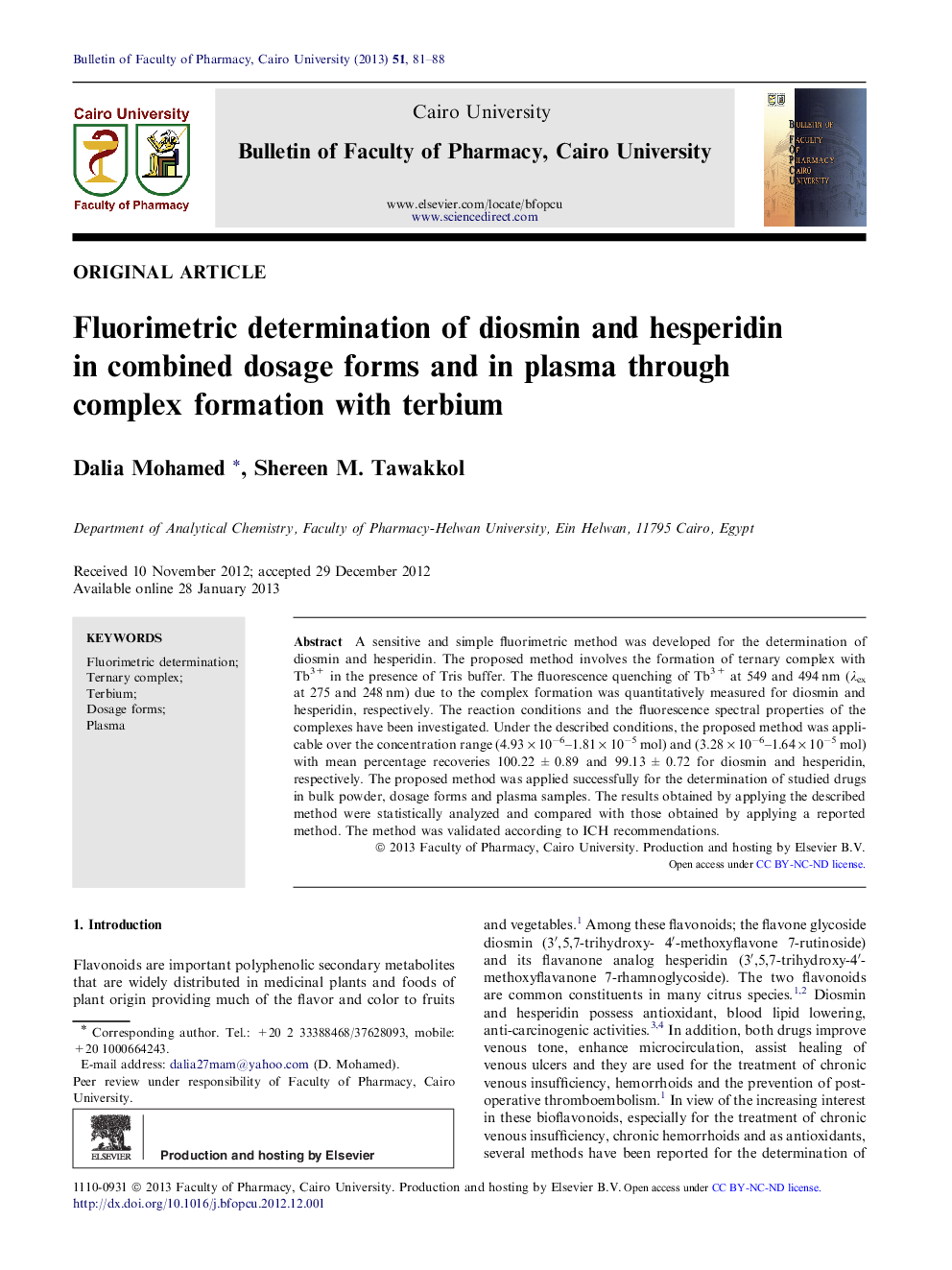 Fluorimetric determination of diosmin and hesperidin in combined dosage forms and in plasma through complex formation with terbium 