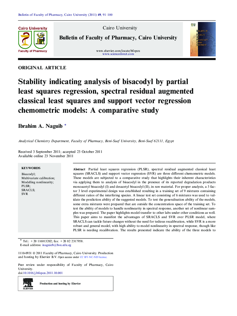 Stability indicating analysis of bisacodyl by partial least squares regression, spectral residual augmented classical least squares and support vector regression chemometric models: A comparative study