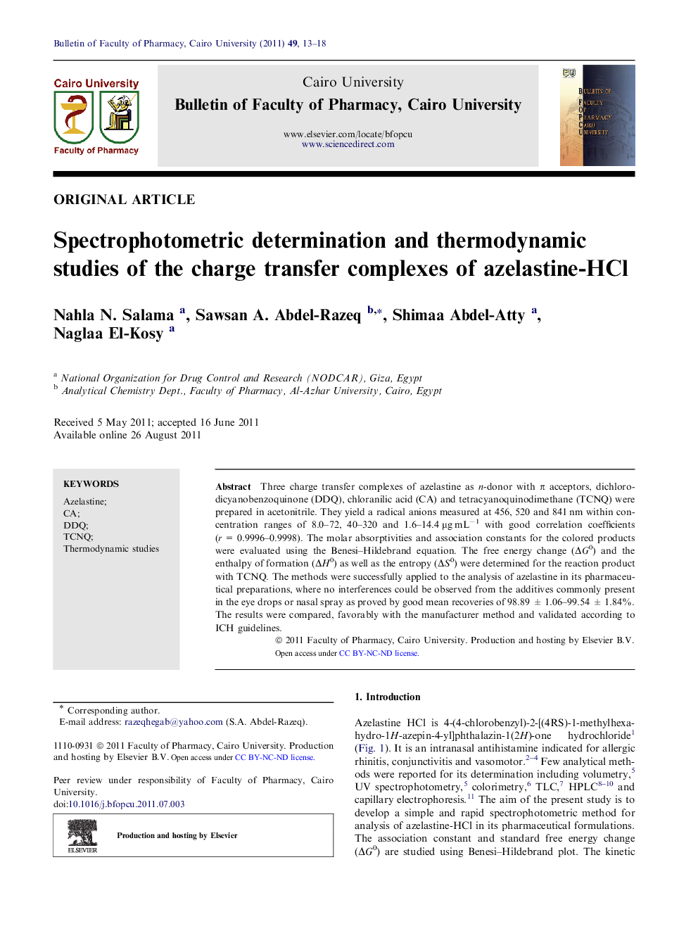 Spectrophotometric determination and thermodynamic studies of the charge transfer complexes of azelastine-HCl