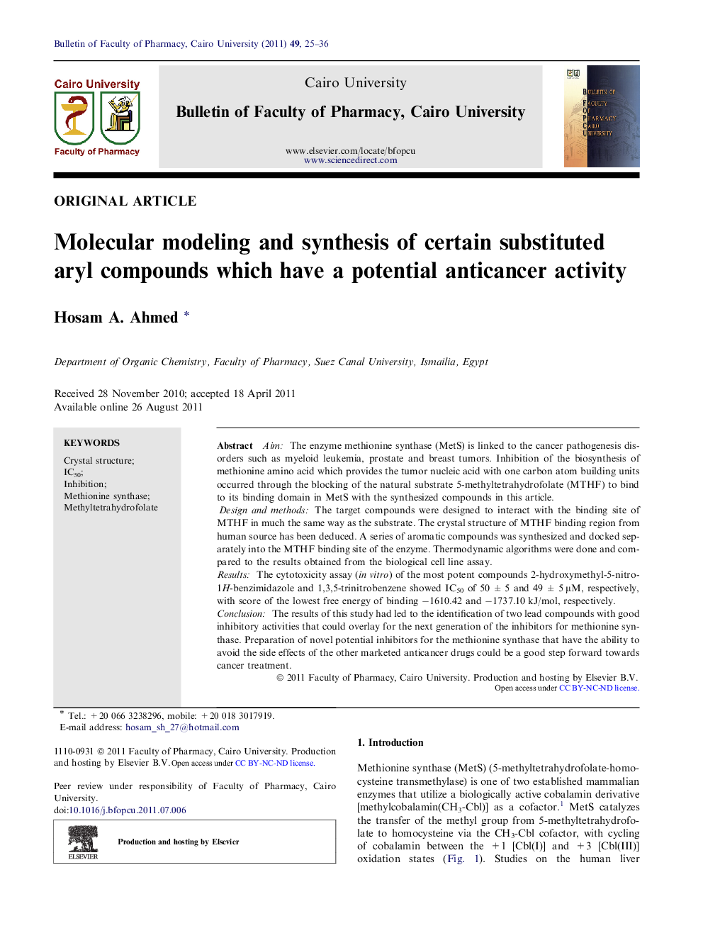 Molecular modeling and synthesis of certain substituted aryl compounds which have a potential anticancer activity