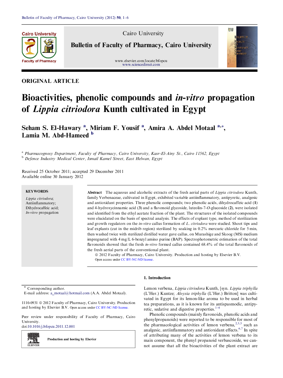 Bioactivities, phenolic compounds and in-vitro propagation of Lippia citriodora Kunth cultivated in Egypt