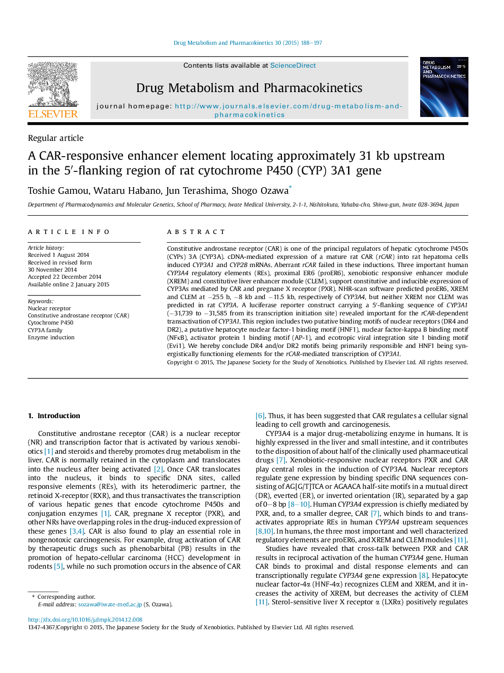 A CAR-responsive enhancer element locating approximately 31 kb upstream in the 5′-flanking region of rat cytochrome P450 (CYP) 3A1 gene