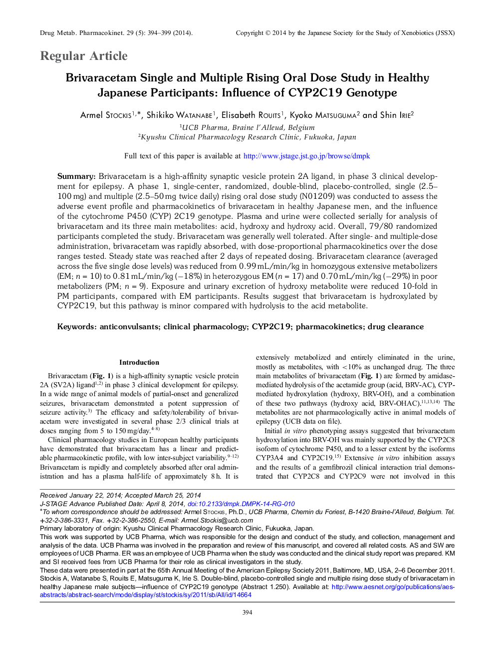 Brivaracetam Single and Multiple Rising Oral Dose Study in Healthy Japanese Participants: Influence of CYP2C19 Genotype 