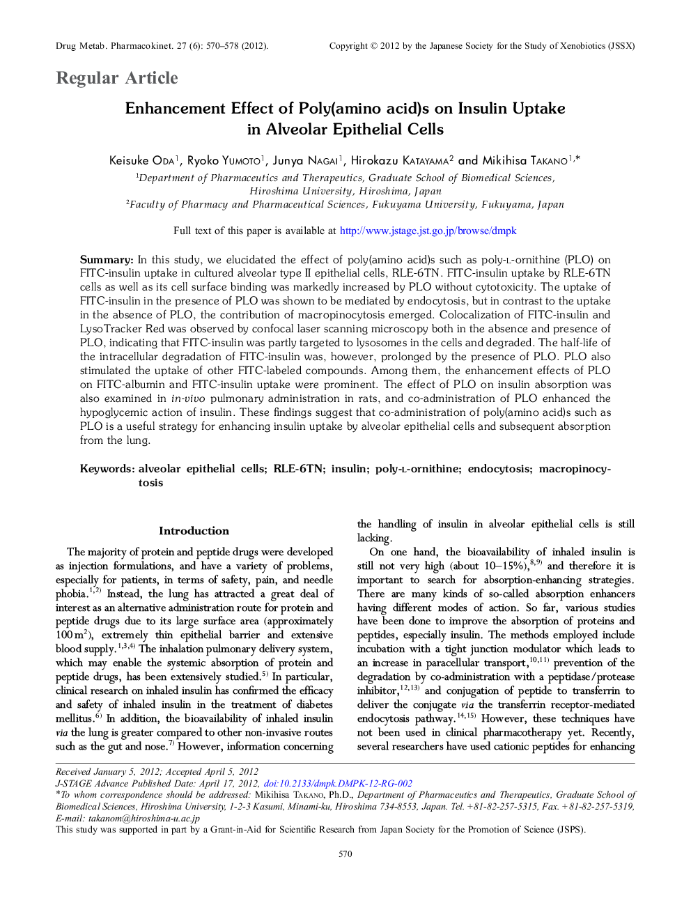 Enhancement Effect of Poly(amino acid)s on Insulin Uptake in Alveolar Epithelial Cells 