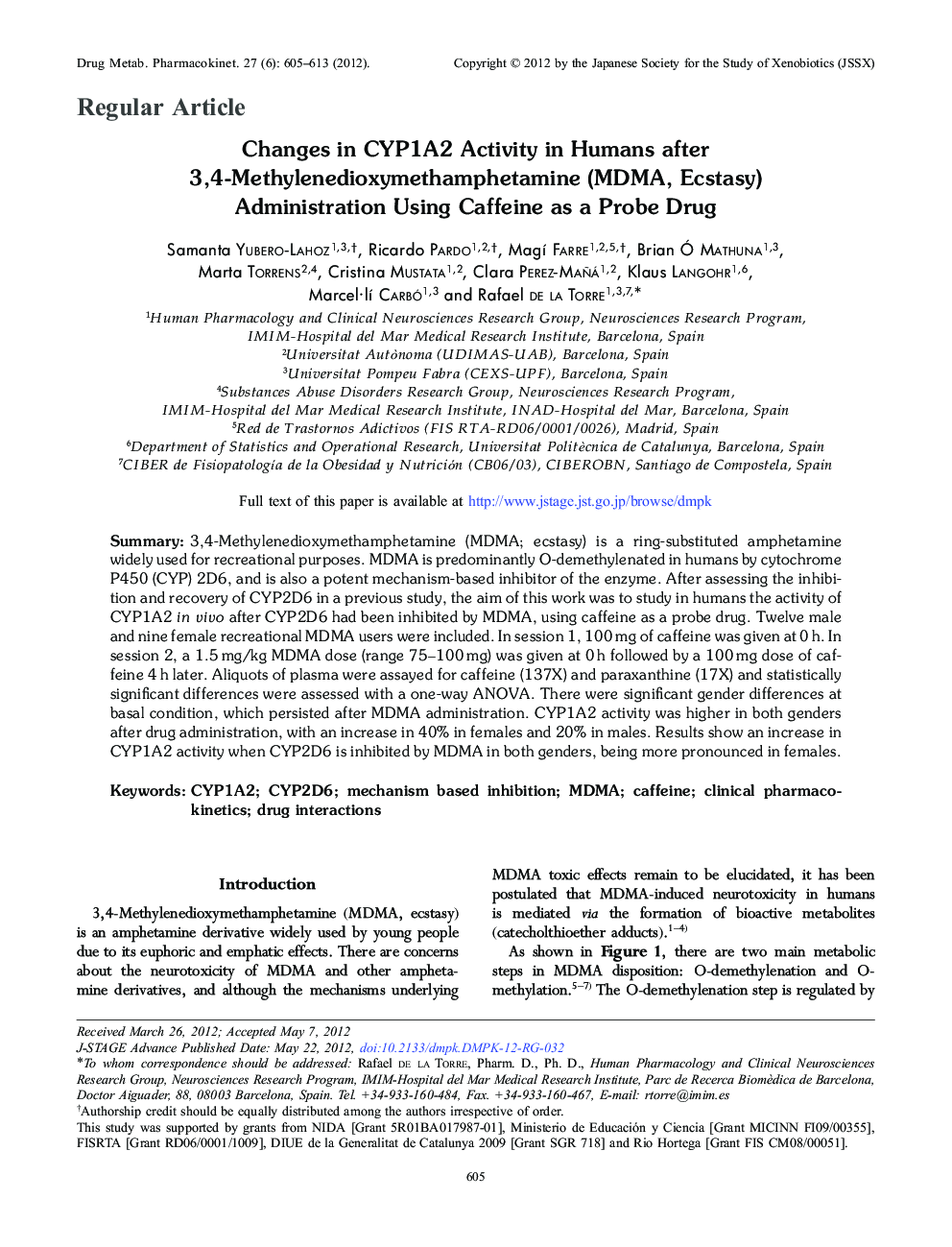 Changes in CYP1A2 Activity in Humans after 3,4-Methylenedioxymethamphetamine (MDMA, Ecstasy) Administration Using Caffeine as a Probe Drug 