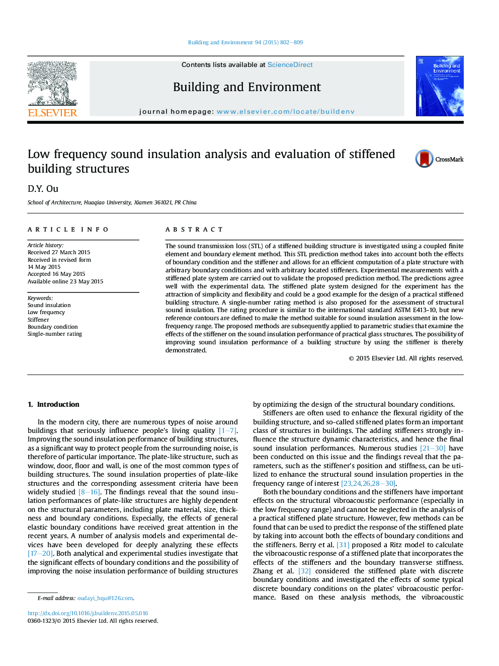 Low frequency sound insulation analysis and evaluation of stiffened building structures