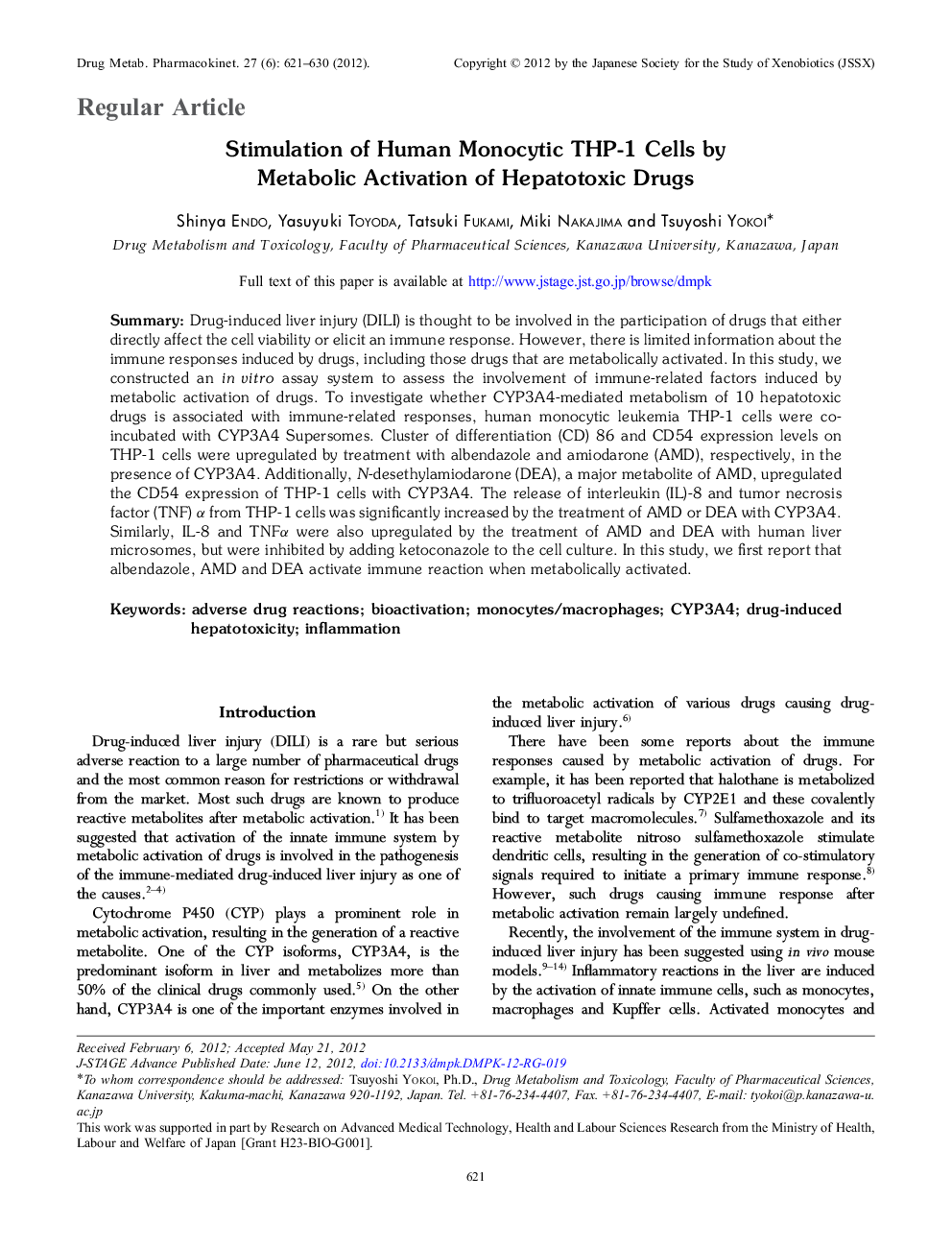 Stimulation of Human Monocytic THP-1 Cells by Metabolic Activation of Hepatotoxic Drugs