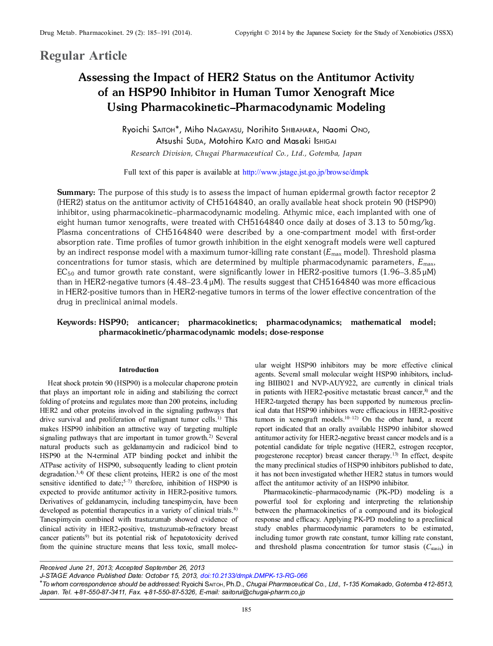 Assessing the Impact of HER2 Status on the Antitumor Activity of an HSP90 Inhibitor in Human Tumor Xenograft Mice Using Pharmacokinetic–Pharmacodynamic Modeling