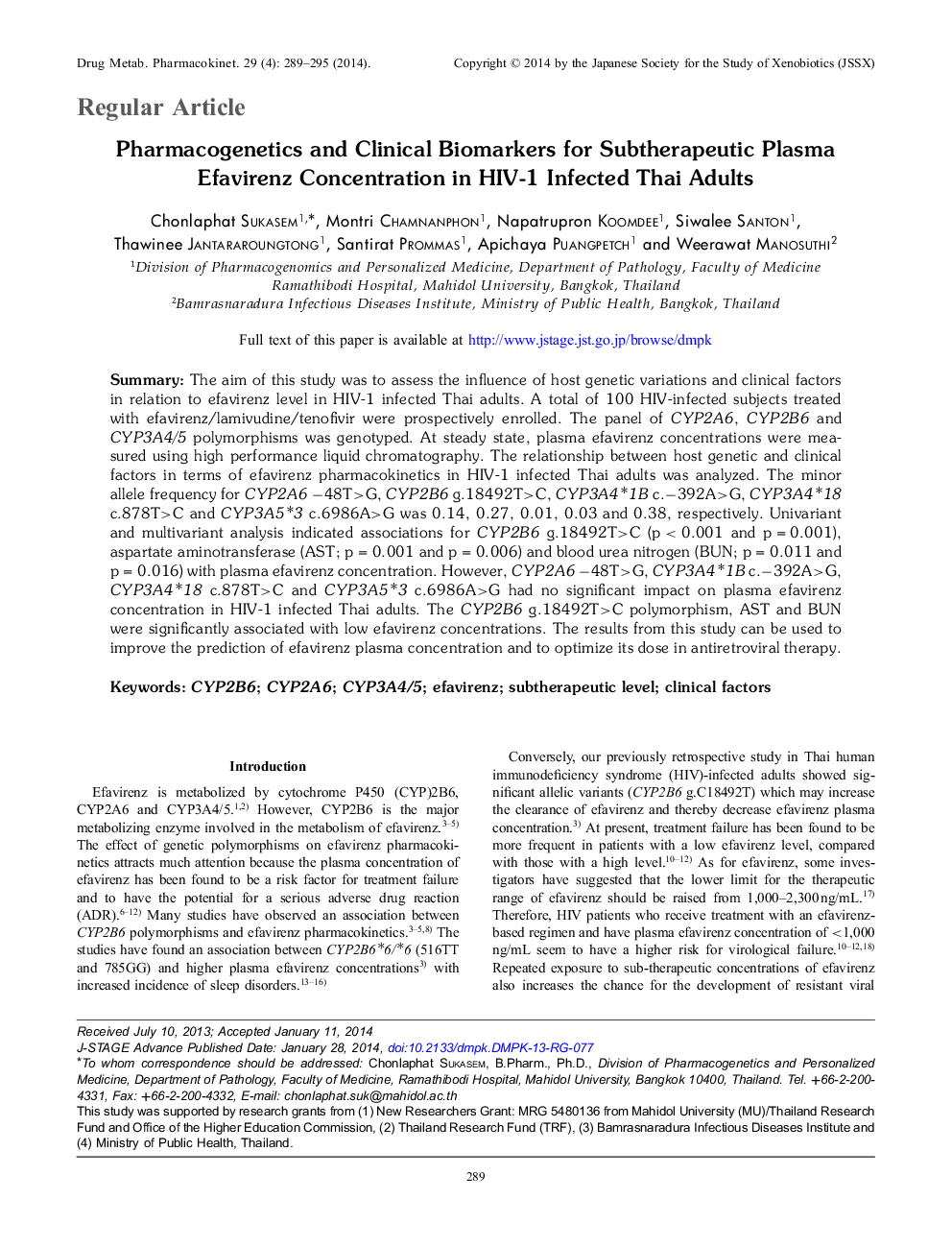 Pharmacogenetics and Clinical Biomarkers for Subtherapeutic Plasma Efavirenz Concentration in HIV-1 Infected Thai Adults 