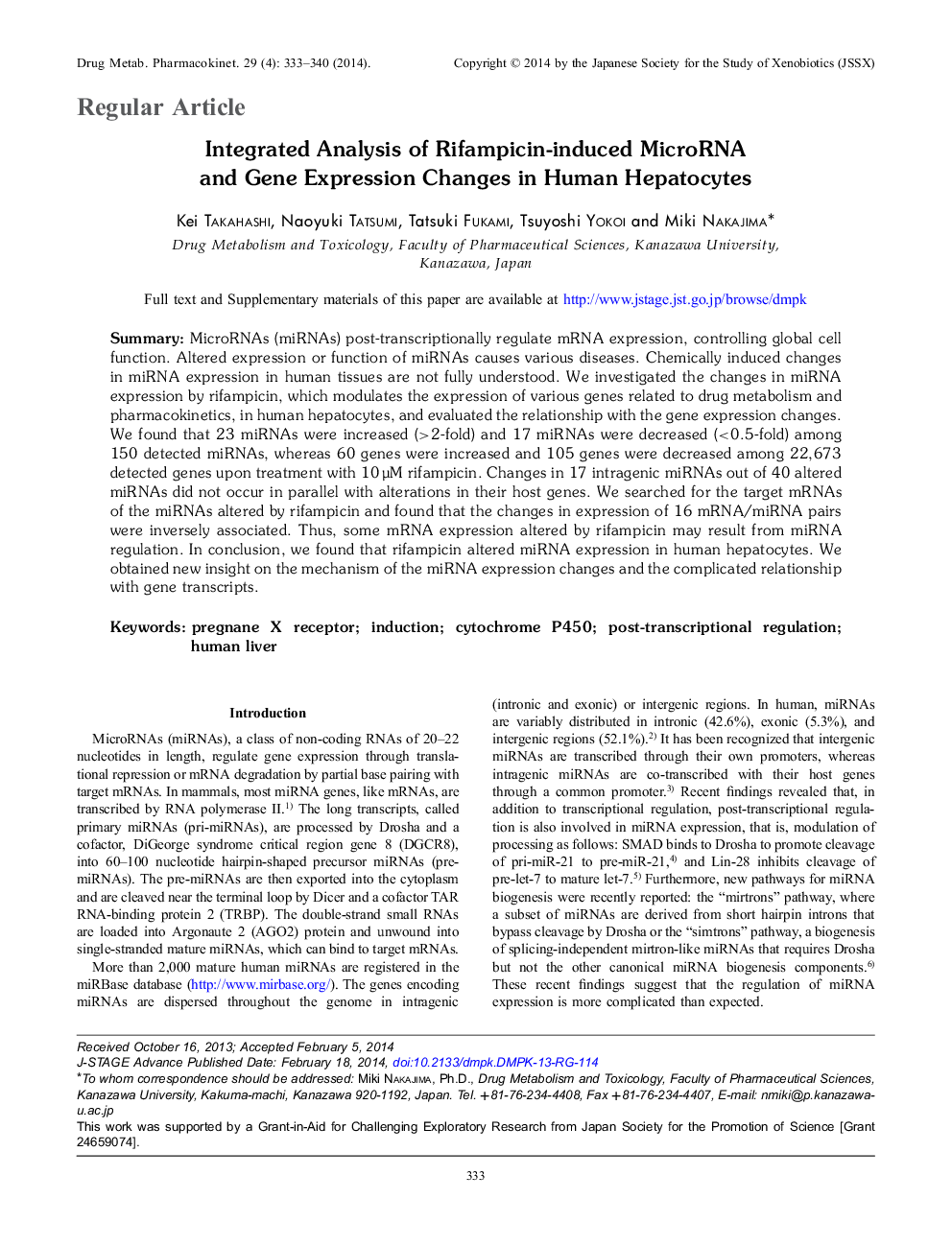 Integrated Analysis of Rifampicin-induced MicroRNA and Gene Expression Changes in Human Hepatocytes