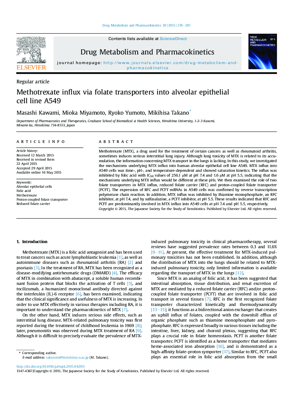 Methotrexate influx via folate transporters into alveolar epithelial cell line A549