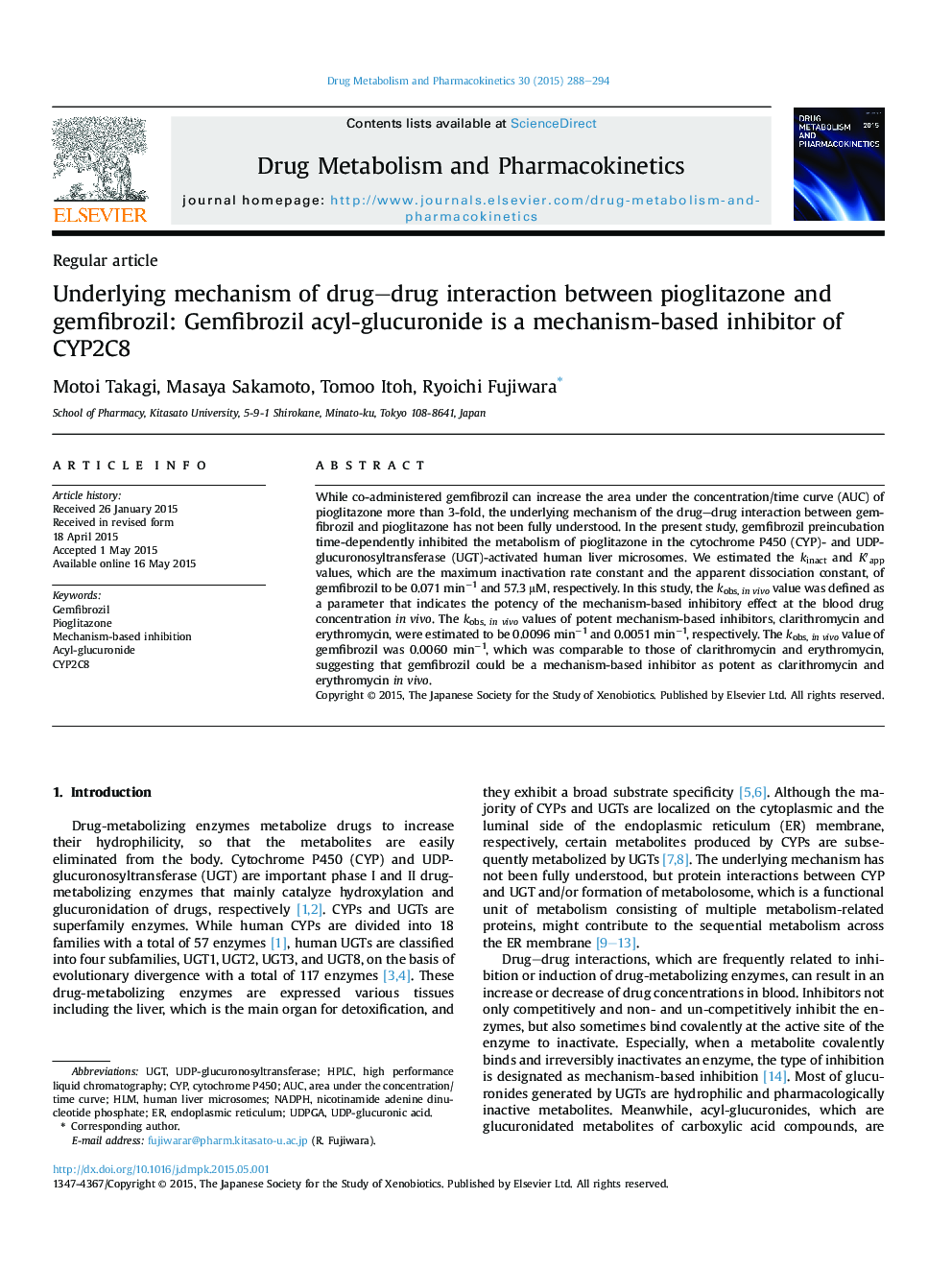 Underlying mechanism of drug–drug interaction between pioglitazone and gemfibrozil: Gemfibrozil acyl-glucuronide is a mechanism-based inhibitor of CYP2C8