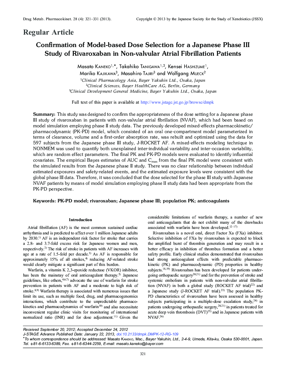 Confirmation of Model-based Dose Selection for a Japanese Phase III Study of Rivaroxaban in Non-valvular Atrial Fibrillation Patients