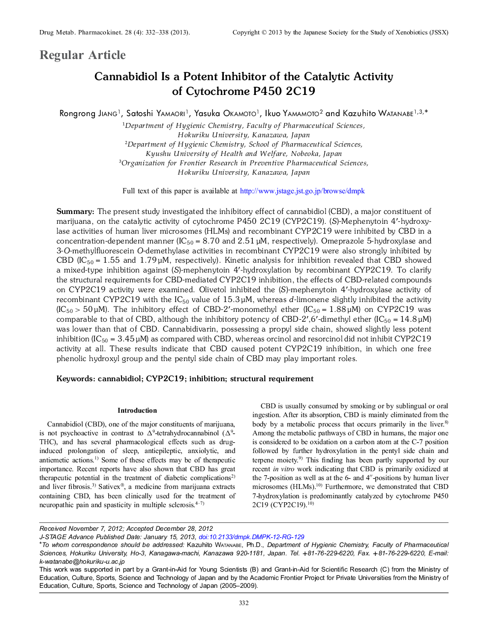Cannabidiol Is a Potent Inhibitor of the Catalytic Activity of Cytochrome P450 2C19 