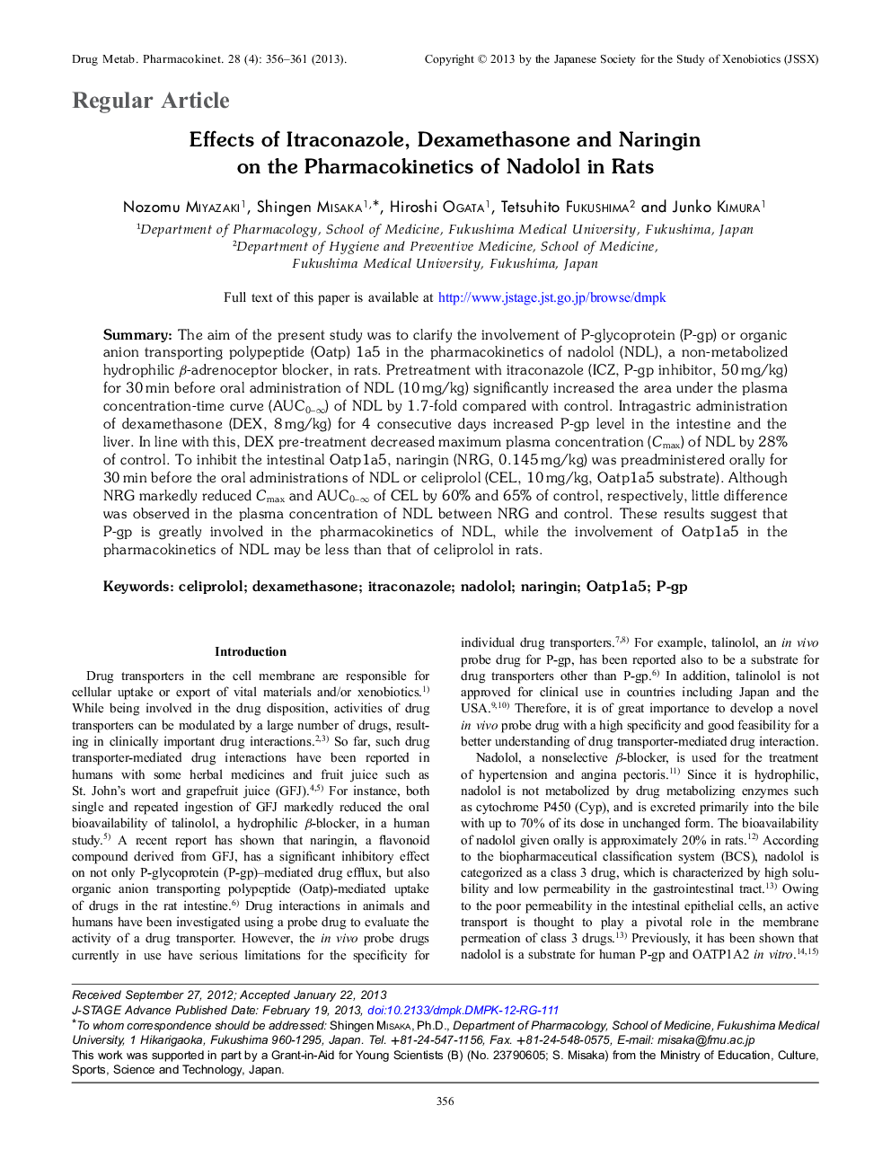 Effects of Itraconazole, Dexamethasone and Naringin on the Pharmacokinetics of Nadolol in Rats 