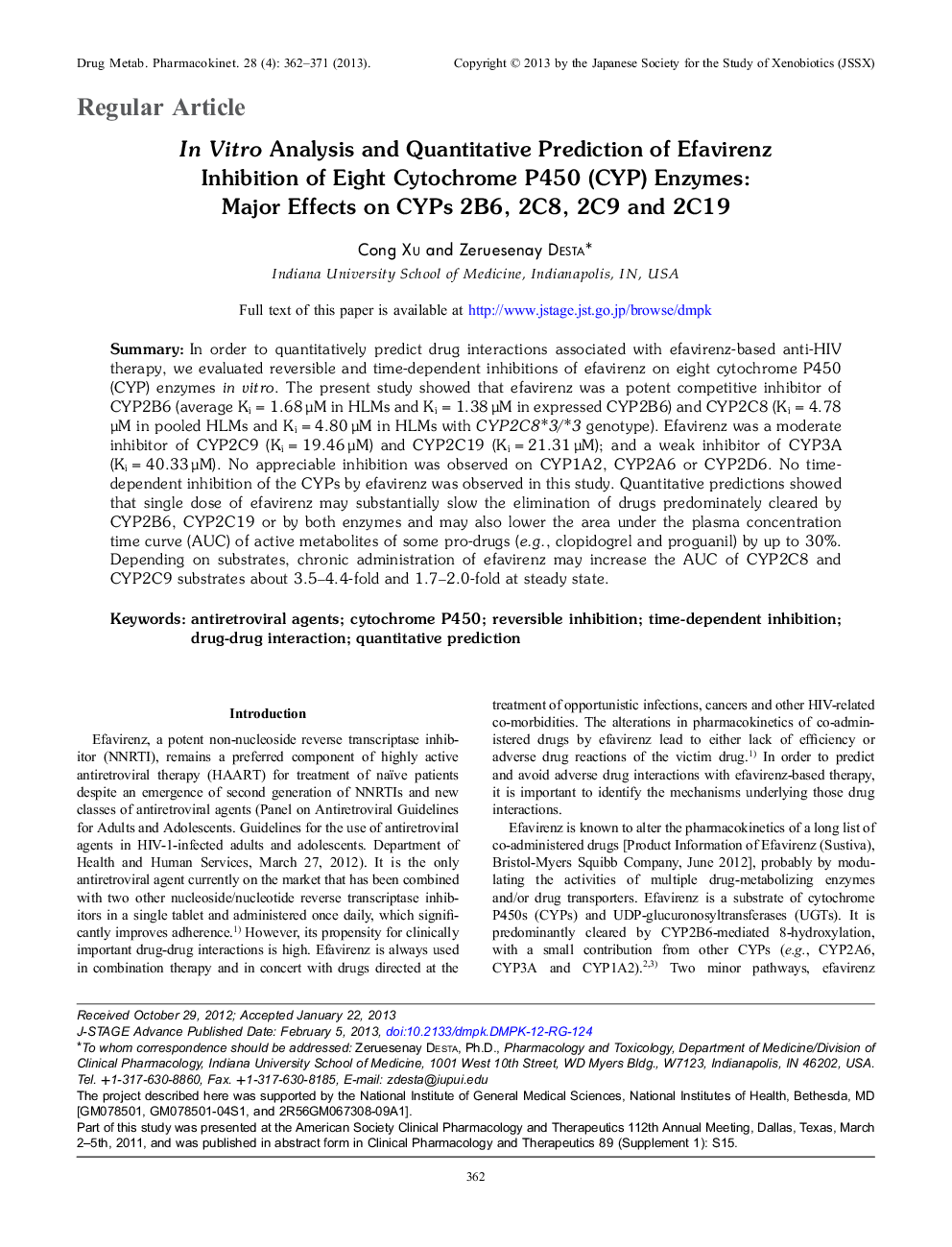 In Vitro Analysis and Quantitative Prediction of Efavirenz Inhibition of Eight Cytochrome P450 (CYP) Enzymes: Major Effects on CYPs 2B6, 2C8, 2C9 and 2C19 
