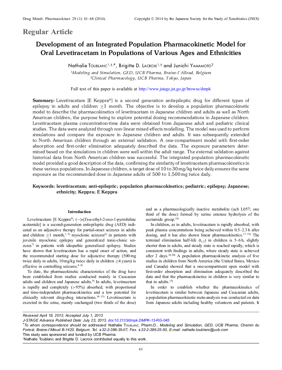 Development of an Integrated Population Pharmacokinetic Model for Oral Levetiracetam in Populations of Various Ages and Ethnicities 