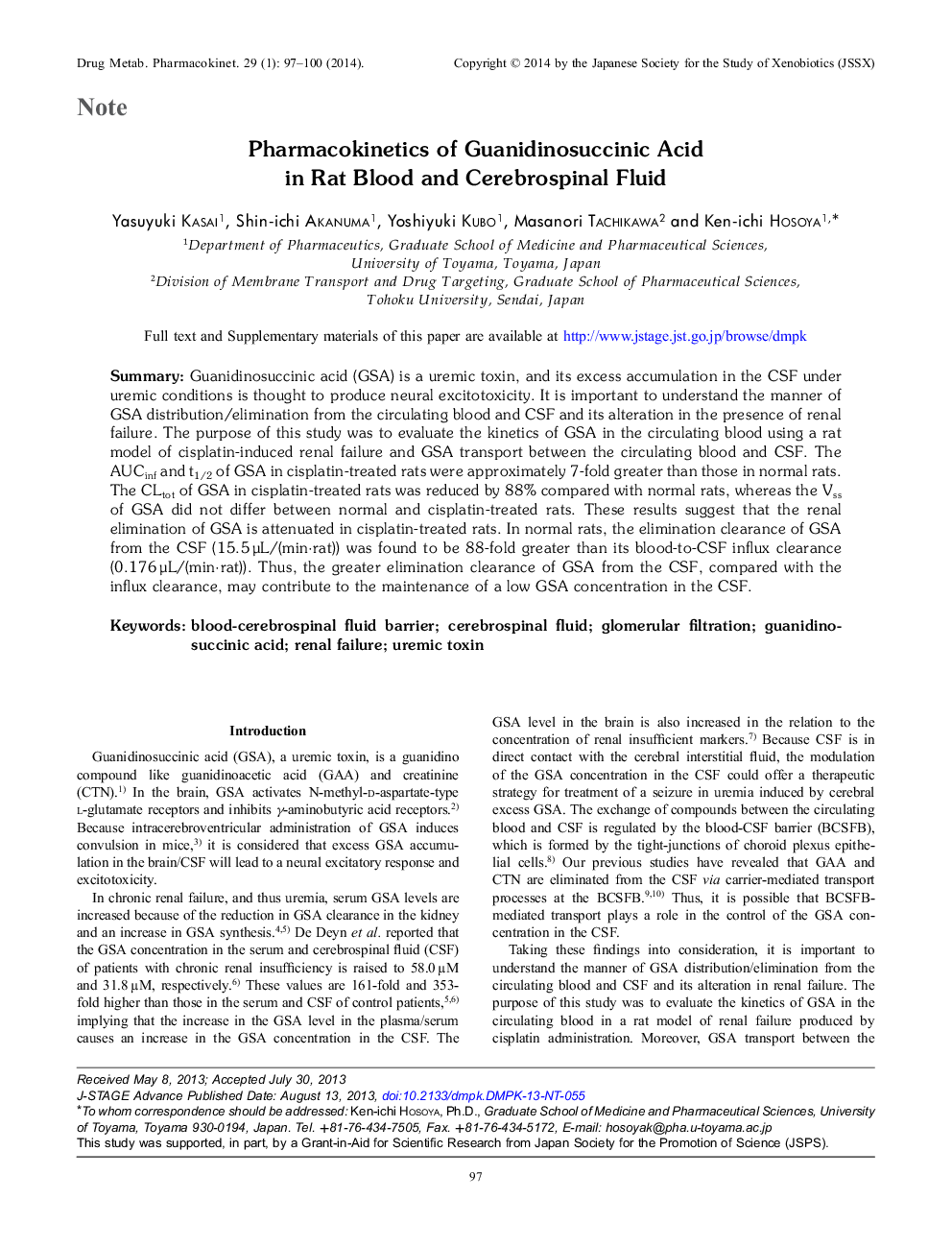 Pharmacokinetics of Guanidinosuccinic Acid in Rat Blood and Cerebrospinal Fluid 