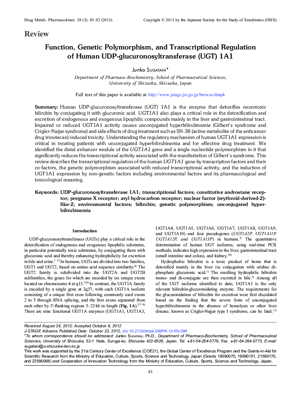 Function, Genetic Polymorphism, and Transcriptional Regulation of Human UDP-glucuronosyltransferase (UGT) 1A1 