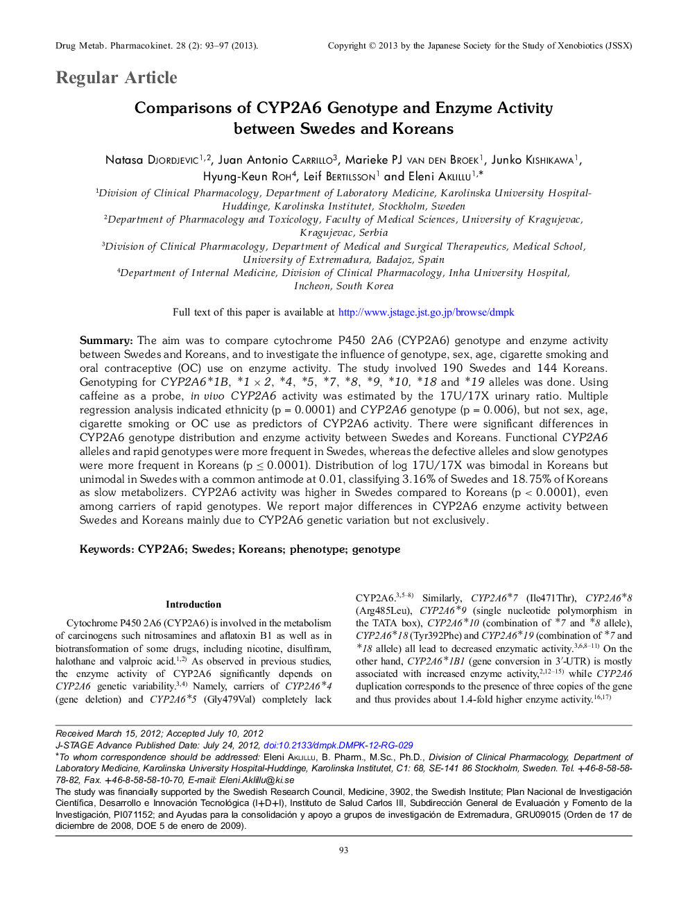 Comparisons of CYP2A6 Genotype and Enzyme Activity between Swedes and Koreans 