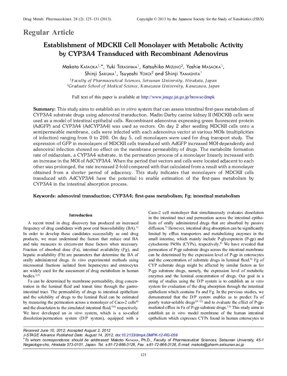 Establishment of MDCKII Cell Monolayer with Metabolic Activity by CYP3A4 Transduced with Recombinant Adenovirus