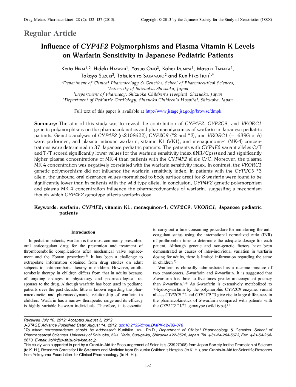 Influence of CYP4F2 Polymorphisms and Plasma Vitamin K Levels on Warfarin Sensitivity in Japanese Pediatric Patients 